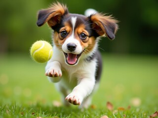 Adorable cachorro beagle saltando hacia una pelota de tenis que rebota, con las orejas moviéndose y los ojos fijos en el objetivo