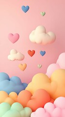 Pride Month Vibrance Colorful clouds and hearts illustration on soft pastel background