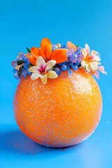 Minimalistic, close-up glittery orange with a white, orange, and blue flower crown on a pastel blue wallpaper. Summer, cute, happy, bright concept.