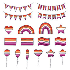 Set of colorful lesbian pride flag Happy pride day LGBTQIA community Pride Month Vector hand drawn doodle for posters, stickers, logo, cards