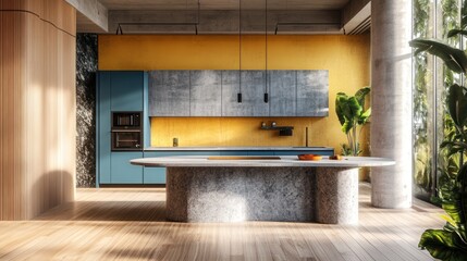 Modern kitchen island, concrete, wood, yellow wall, sunlight, plant