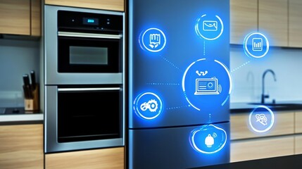 Smart refrigerator with digital interface, kitchen, wood cabinets background