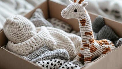 Obraz premium Adorable Knitted Giraffe Toy and Cozy Winter Sweaters in a Cardboard Box, Ready for Gift-Giving.