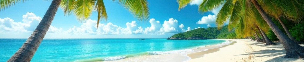 Fototapeta premium Vibrant beach scene, swaying palms, idyllic island , sand, summer, sky