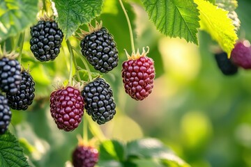 A bunch of ripe blackberries hanging on branches, with vibrant green leaves creating a lush background in nature.