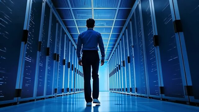 A technician is seen entering the server hallway.