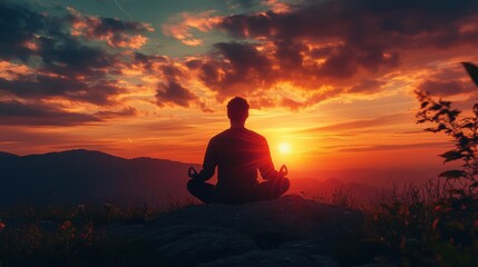 Tranquil sunset meditation on mountain landscape photography