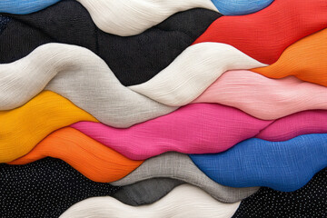 A lively emblem woven from repurposed fabric strips of polka-dot cotton and velvety corduroy, each