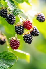 A cluster of ripe blackberries with some red ones hanging on green foliage against a blurred background.