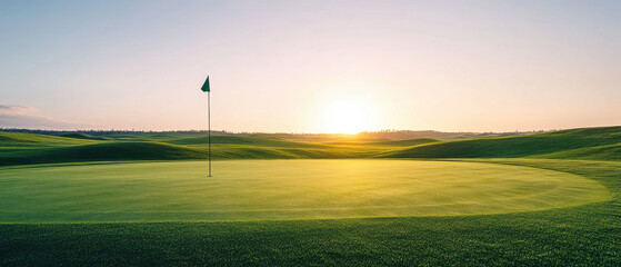 Obraz premium Majestic sunrise over green golf course with shadows and flag. serene landscape evokes sense of tranquility and beauty in nature