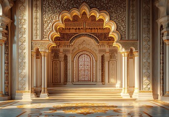 Intricate Palace Interior with Ornate Arches and Majestic Wooden Door