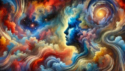 A large abstract digital painting capturing deep emotions and abstract ideas. A mesmerizing blend of vivid and muted colors&mdash;cosmic blues, fiery reds