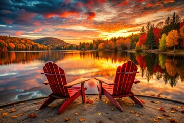 Fototapeta premium Deep autumn hues paint the Tupper Lake sky; Adirondack chairs watch the night unfold.