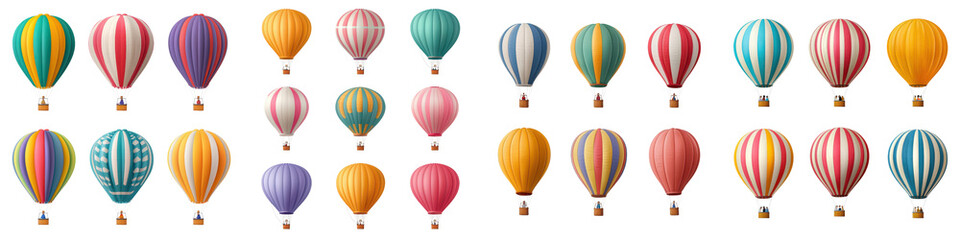 A collection of vibrant patterned hot air balloons ascending and drifting through a clear scenic sky creating a whimsical and adventurous atmosphere