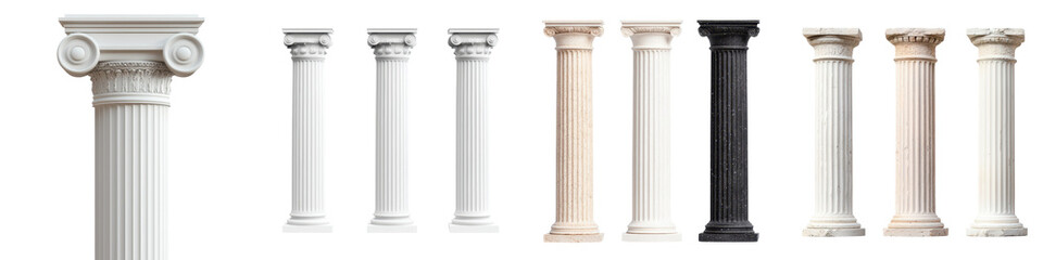 Obraz premium A collection of decorative marble columns in diverse classical architectural styles showcasing the ornate and grand designs of ancient Greek and Roman monuments and buildings