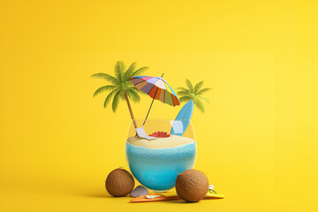 Obraz premium A minimal tropical summer refreshment concept featuring a delicious, cold exotic drink on the beach. A cocktail beverage, available in both alcoholic and non-alcoholic options.