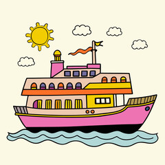 Fototapeta premium Colorful Cruise Ship Sailing in the Ocean – Fun Maritime Illustration for Travel and Vacation Themes