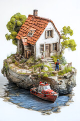 A peaceful marine setting showing a large houseboat reminiscent of a family home, rescue personnel