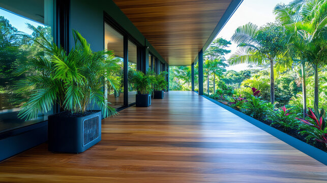 An airy angle from the home&acirc;&euro;&trade;s wraparound deck, glimpsing the compact AC unit flanked by potted