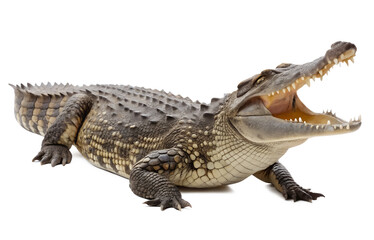 Fototapeta premium Side view of large crocodile opening its mouth wide isolated on white background generated with AI