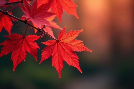 Crimson red maple leaves cluster on twiggy branches , macro, october