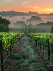 Fototapeta premium Sunlight filters through the morning mist in a vineyard, illuminating the green vines and ripening grape clusters.