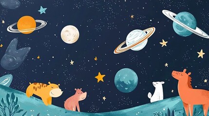 Naklejka premium a playful pattern with animals exploring outer space.