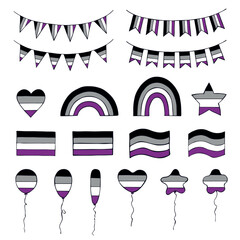 Set of colorful asexual pride flag Happy pride day LGBTQIA community Pride Month Vector hand drawn doodle for posters, stickers, logo, cards