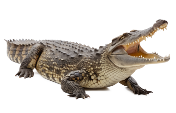 Side view of large crocodile opening its mouth wide isolated and generated with AI in png file format