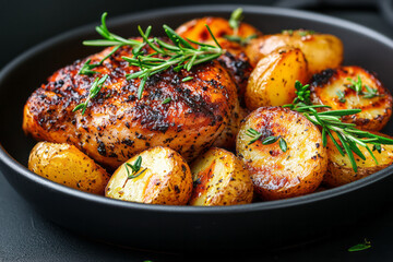 A minimal composition: the black dish frames the roasted chicken and potatoes on a neutral