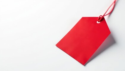 Vibrant red tag against stark white background, promotional, bright