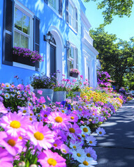 Fototapeta premium A wide shot capturing the entire baby-blue facade, the sidewalk awash with colorful blooms in