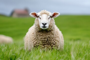 Obraz premium A fluffy sheep sits in a green pasture, embodying tranquility and natural beauty in a serene landscape setting.