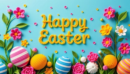 Crochet Happy Easter with Flowers and Eggs on Blue