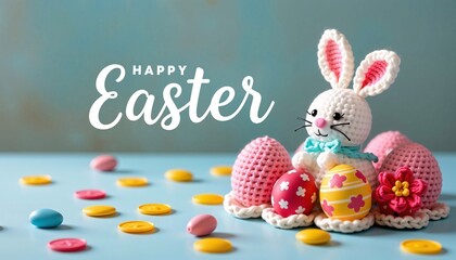Crochet Easter Bunny with Eggs and Flowers on Blue