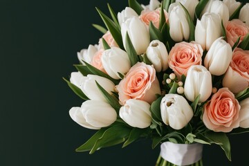 floral wedding bouquet tulips ceremony, A bouquet of white tulips and peach roses against a dark background.