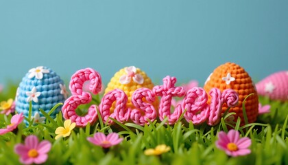 Crochet Easter Word with Eggs and Flowers on Green