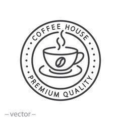 coffee house emblem, cup icon, premium quality coffee drink, logo,  thin icon, plant line symbol - editable stroke vector illustration