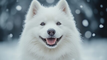 Obraz premium Playful samoyed dog smiles in snowy winter wonderland close-up