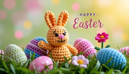 Crochet Easter Bunny with Eggs and Flowers on Green