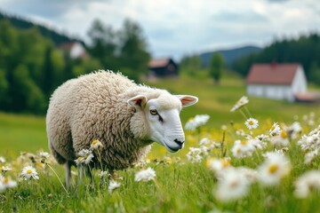 Fototapeta premium A sheep wandering through a blooming meadow filled with daisies, showcasing the beauty of nature in spring.