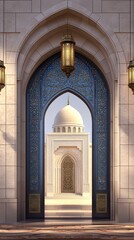 Ornate blue door leads to a domed structure within an archway