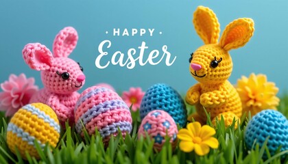 Crochet Easter Bunnies with Eggs and Flowers on Blue