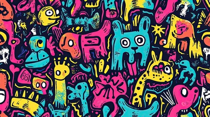 a vibrant graffiti-inspired pattern with animal themes.