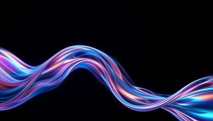 close up, Abstract fluid 3D render with a black background and holographic, iridescent neon curved wave in motion. illustration