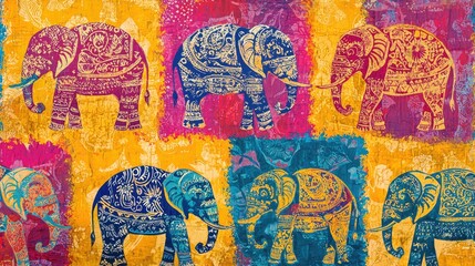 a vibrant pattern featuring elephants in Indian art styles.