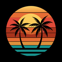 retro sunset beach palm trees  vector t shirt design
