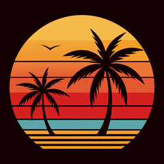 retro sunset beach palm trees  vector t shirt design