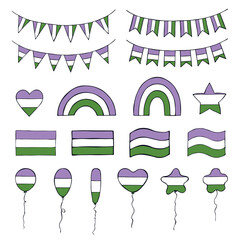 Set of colorful genderqueer pride flag Happy pride day LGBTQIA community Pride Month Vector hand drawn doodle for posters, stickers, logo, cards