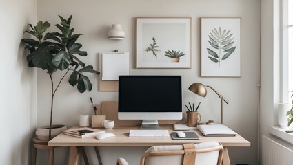 Modern home office setup with decorative plants, minimalist decor, and a sleek computer on a wooden desk